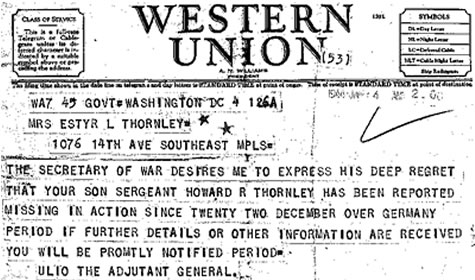 Telegram to Howard Thornley's mom, informing her that Thornley was missing in action