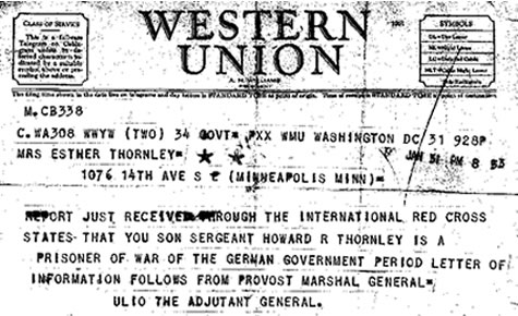 Telegram to Howard Thornley's mom, informing her that Thornley was a prisoner of the Germans