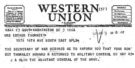 Telegram to Howard Thornley's mom, informing her that Thornley had been liberated